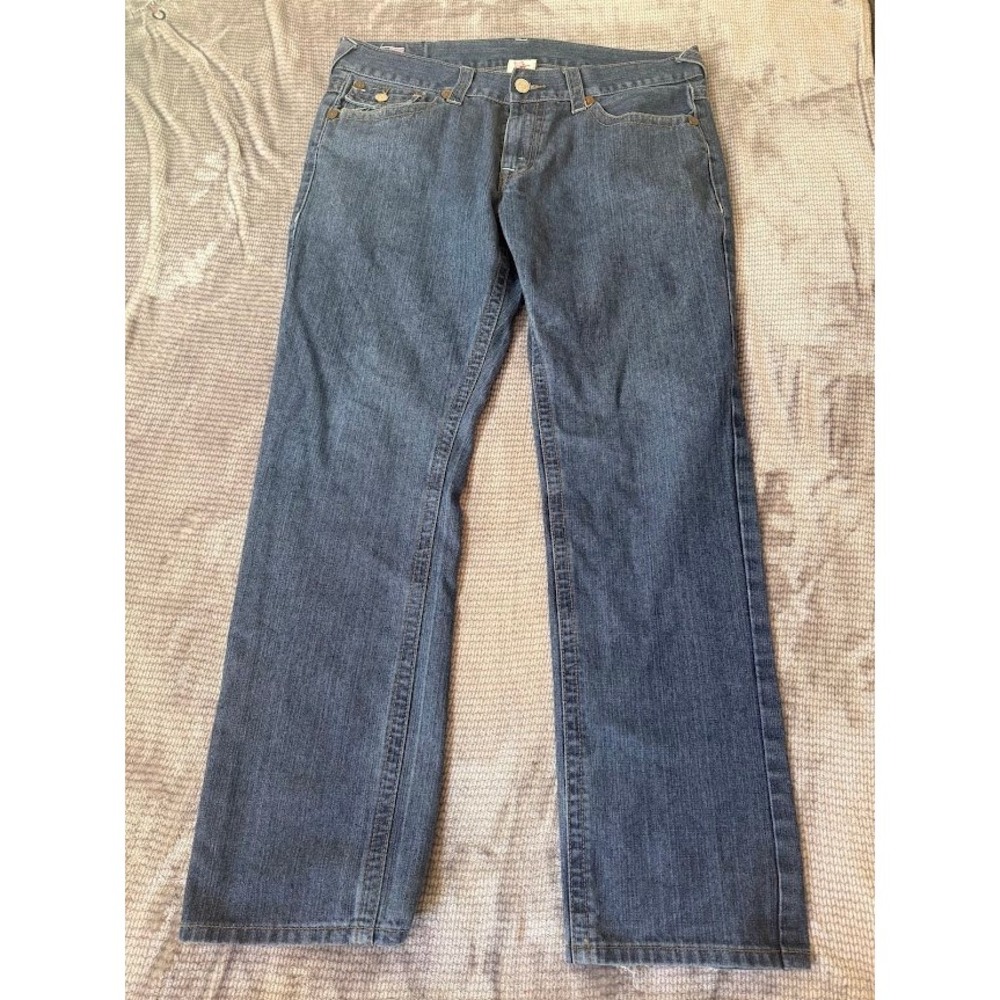 True Religion Ricky Mens Straight Leg Jeans Blue Denim Flap Pocketed Size 40X32.